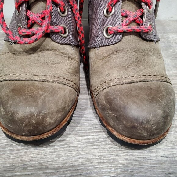 SOREL Women's PDX Boots Khaki Leather Canvas hidden Wedge Heel Lace Up Sz 9 READ - Picture 3 of 16